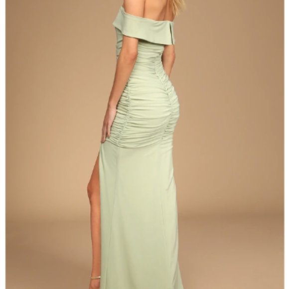 {LULUS} Revel in the Romance Light Sage Mesh Off-the-Shoulder Maxi Dress - Picture 3 of 3